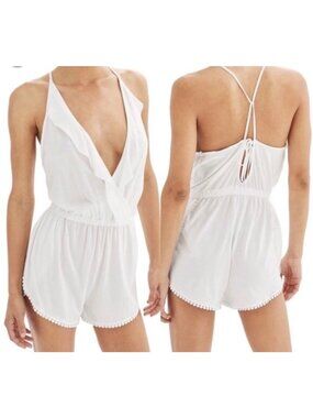 Topshop Jersey Wrap Cover-Up Romper Women’s M White Swim Coverup Pom Trim